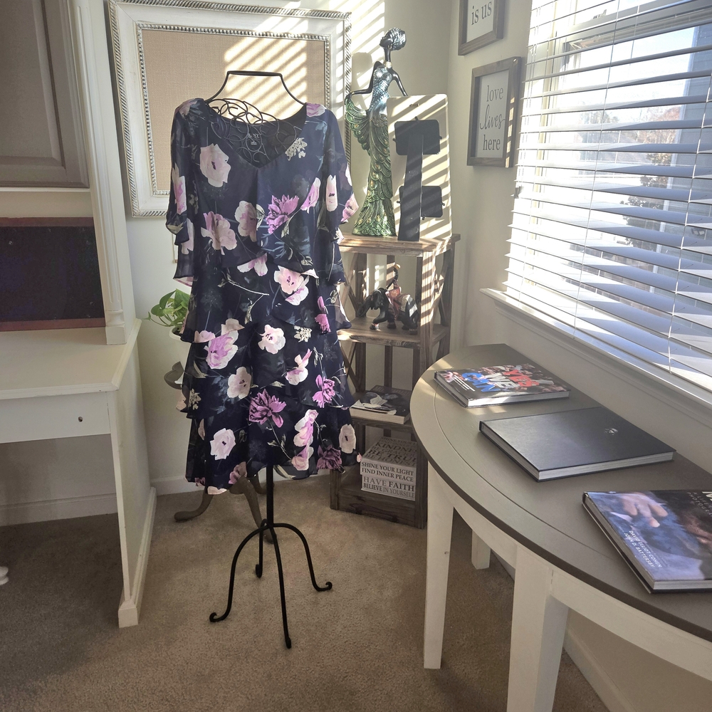 SLNY Navy Floral Tiered Dress with Pink and White Blooms